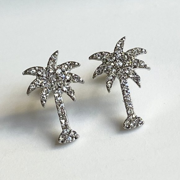 Palm Tree Earrings Crystal Silver Plated Post Stud Tropical Island Beach Life - Picture 6 of 8